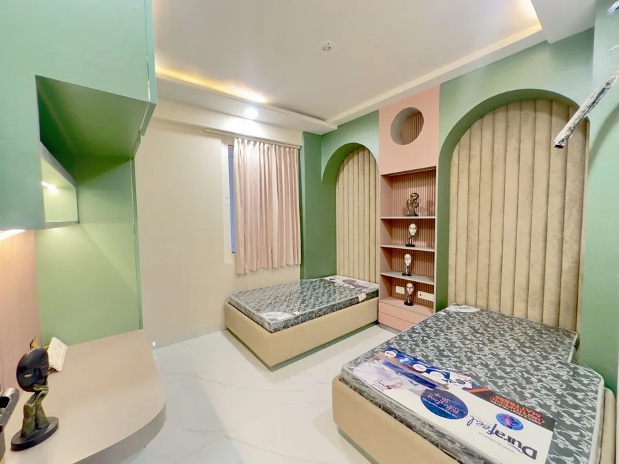 Kalyan EVA actual 3 BHK flat · Bedroom with colourful feature wall