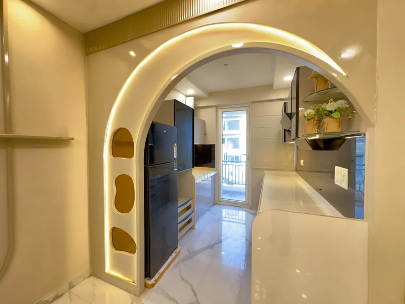Kalyan EVA actual flat: entrance arch and kitchen passage