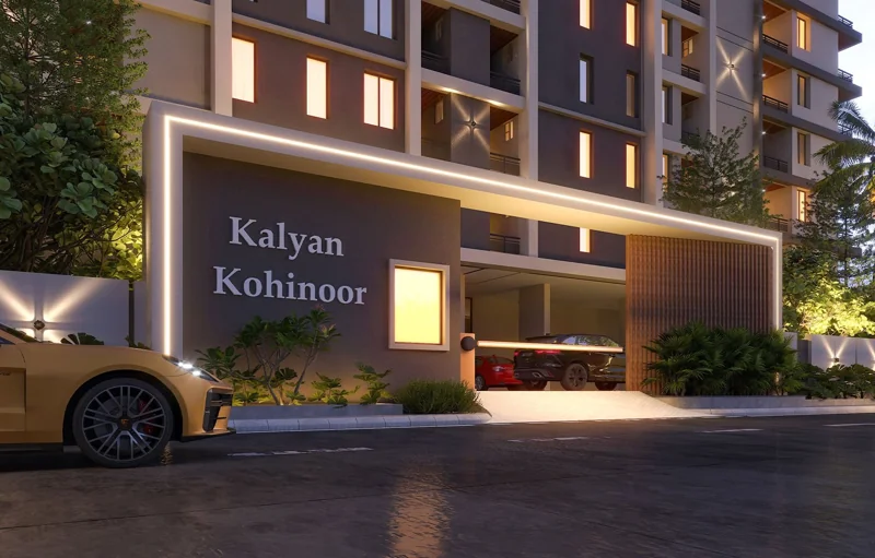 Kalyan Kohinoor illuminated entrance at night, architectural visualisation
